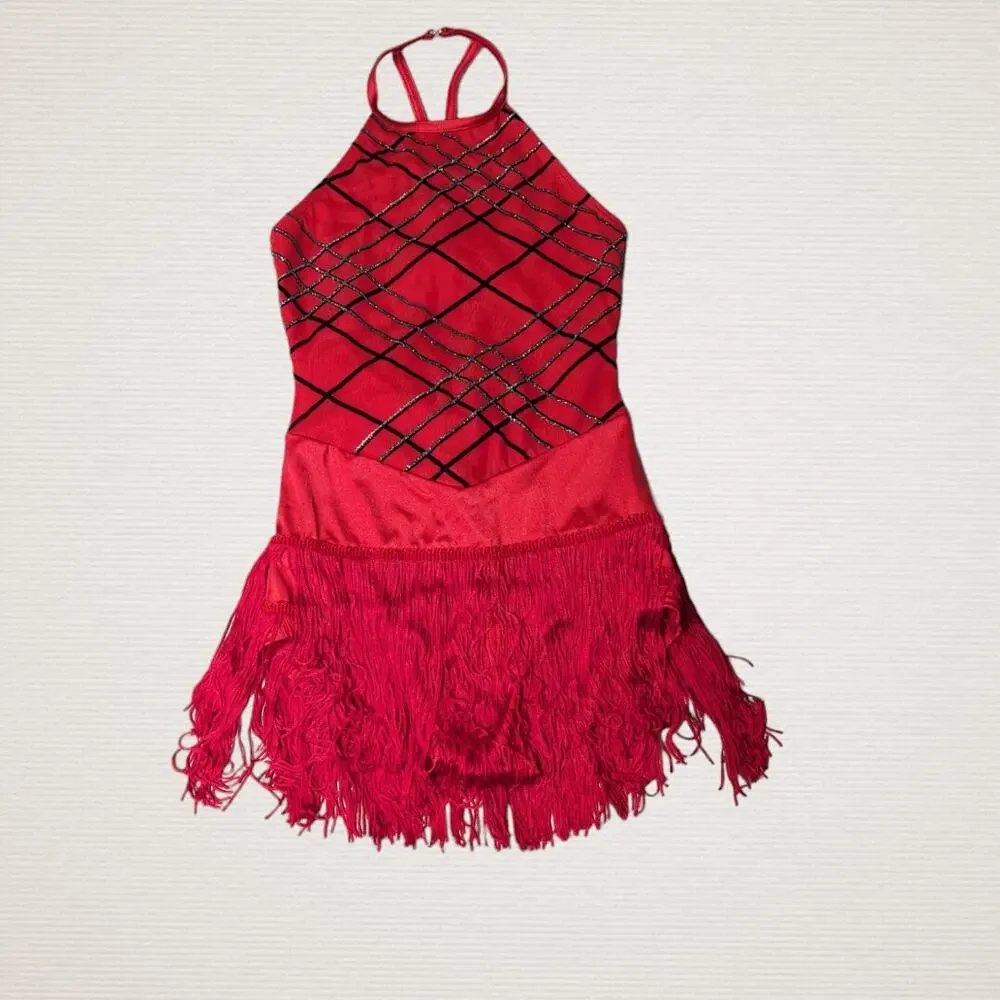 Weissman Girls Red Halter Dance Leotard Fringe Detail  Size MC 10/12